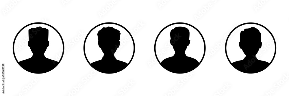 Men head business silhouette icon set. Human black avatar vector in line circle isolated on white. Male profile picture collection illustration.