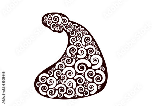 Vector drawing created by swirl pattern. Man meditating at prayer position. Human figure establishing a cross, purifying soul in faith. 