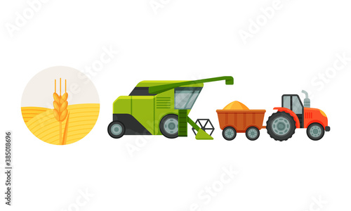 Combine Reaping and Harvesting Grain Crops from Field for Bread Production Vector Set