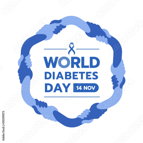 World diabetes day text and blue ribbon sign in hand hold hand around made Hexagon frame vector design