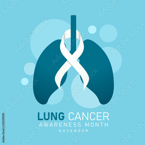 Lung cancer awareness month november banner with white ribbon around lung sign on blue background