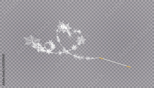 Magic wand with heart shaped snowflakes in a flat style in continuous drawing lines. Trace of white dust. Magic abstract background isolated on on transparent background. Miracle and magic. Vector