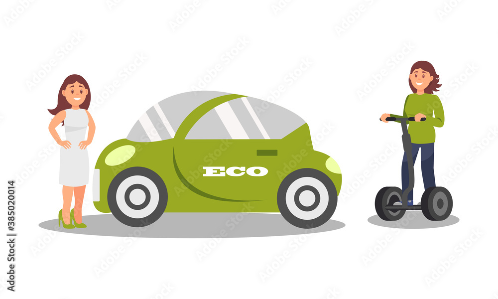 Young Woman Taking Care of the Environment and Using Eco Friendly Transport Vector Illustration Set Young Woman Taking Care of the Environment and Using Eco Friendly Transport Vector Illustration Set