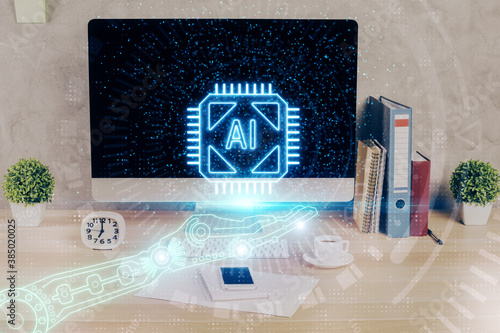 Double exposure of table with computer on background and data theme hologram. Data technology concept. © peshkova