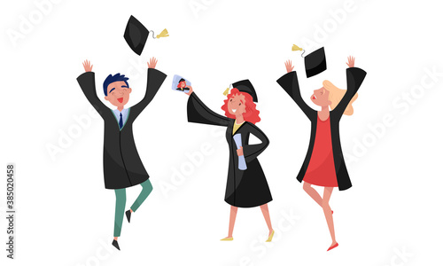 Delighted Boy and Girl Students in Academic Gown and Square Cap Cheering About Graduation Ceremony Vector Set