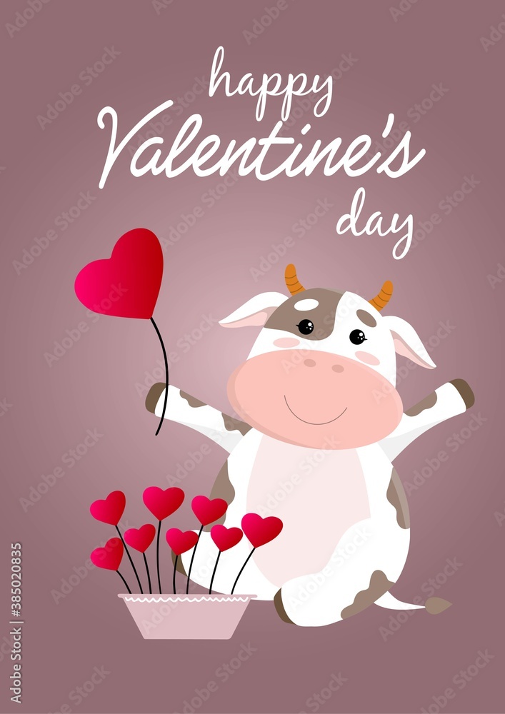 Vector colorful Valentines Day postcard. Cute cartoon cow or bull, symbol of 2021 year, holding heart