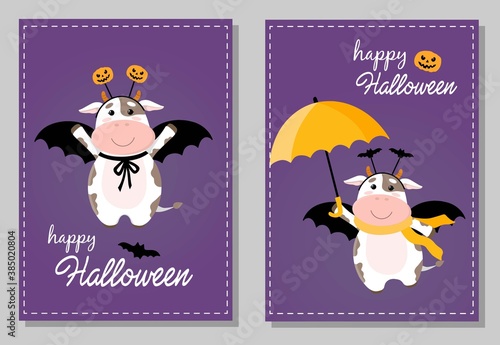 Vector set of Halloween postcards. Cute cartoon cow or bull, symbol of 2021 year, in costume of a bat, with pumpkins and text. Greeting concept on violet background. A4 format for print