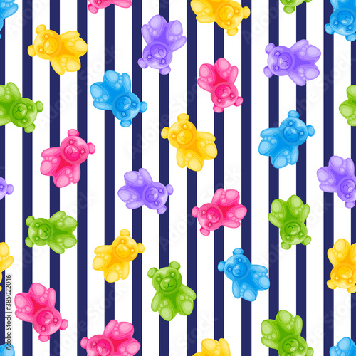 Jelly bear candy and navy stripes vector seamless pattern. Sweet colorful kids background. Vector illustration