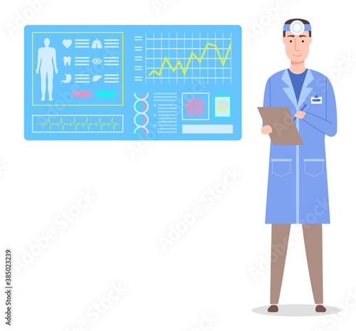 Otolaryngologist with clipboard. Medical scanning of body. Board with information, health condition, cardiogram, brain, heart, lungs, teeth, eyes, stomach liver Doctor physician therapist portrait