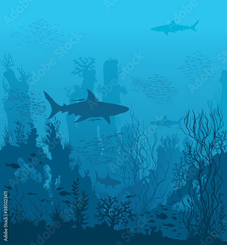 Blue underwater landscape with sharks, fishes, coral reefs, huge rocks and see weeds. Tropical undersea world. Vector detail hand drawn illustration of sea-life.