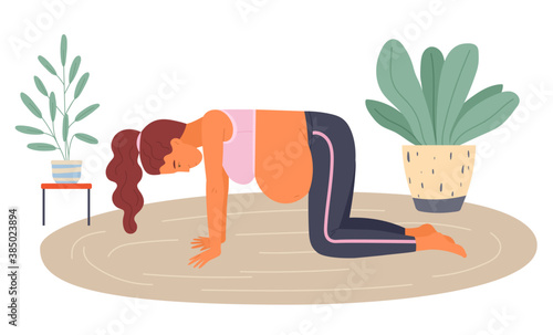 Birth position for painless childbirth labor, pregnant woman standing at knees on floor during painful birth pains, female with belly, comfortable posture for birthing, supported exercise, gymnastics