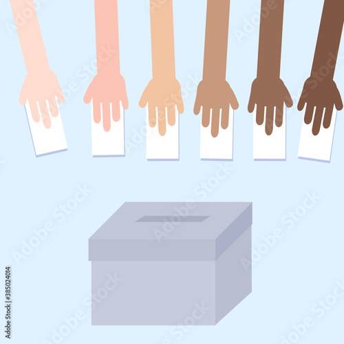 Ballot paper.Voting box and election vector.Democracy concept.Diversity people raised hands.Black Lives Matter illustration.
