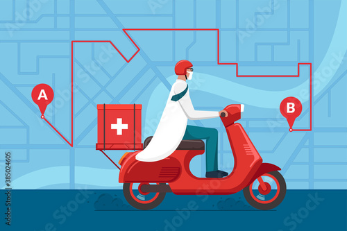 Medicine motorbike delivery pharmacy. Male doctor in helmet riding retro scooter with medical surgical sanitary box first aid on city street map plan with navigation route. Vector flat illustration
