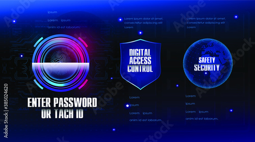 Security and safety. Protecting digital data around the world. Cyber concept with security shield. Login via touch ID. Holographic scanning via touch ID. Access via authentication
