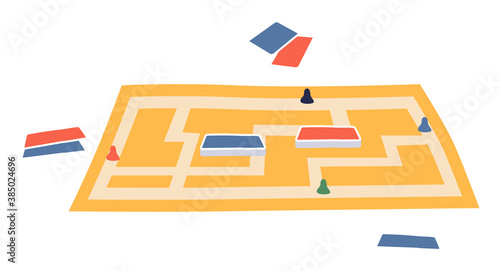 Table board game with cards, playing chips, labyrinth ways. Playing interesting table game. Logic game, training brain, leisure, hobby, recreation, fun time. Isolated cartoon flat illustration