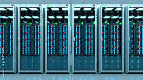long server room in data center full of telecommunication equipment
