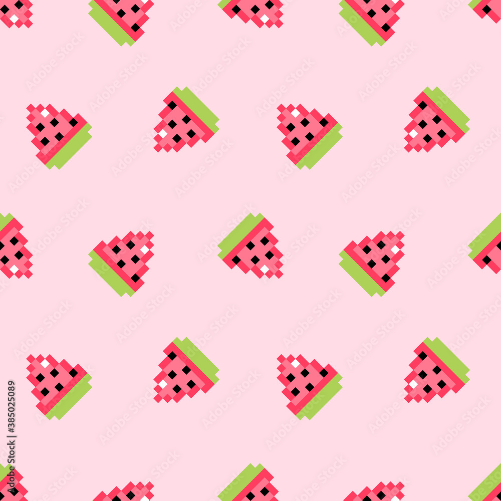 Cute pink pixel watermelon slices vector seamless pattern background.