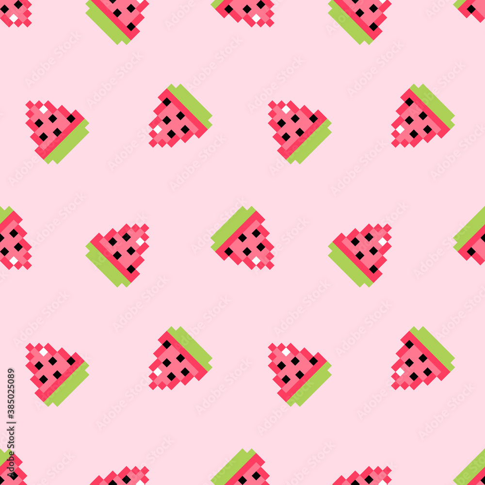Cute pink pixel watermelon slices vector seamless pattern background. Cute pink pixel watermelon slices vector seamless pattern background.