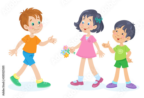 A cute little girl and two cheerful boys are talking together. Children of different nationalities. In cartoon style. Isolated on white background. Vector flat illustration.