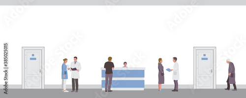 Medical workers, doctors and patients in the hospital corridor
