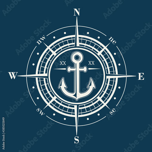 Isolated marine windrose silhouette on blue background. Compass vector navigation label illustrations.
