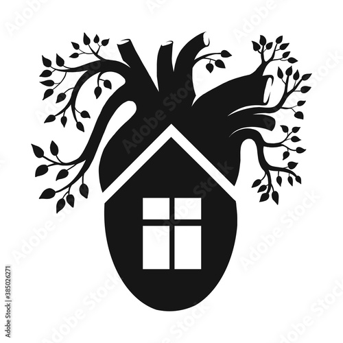 House inside an anatomical heart with vessels made in the form of growing trees. Logo vector
