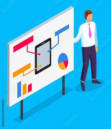 Office worker in unifrom standing near board with presentation. Tablet or smartphone with text blocks, graphic, pie chart or diagram. Web analytics, analysing statistic of using mobile internet
