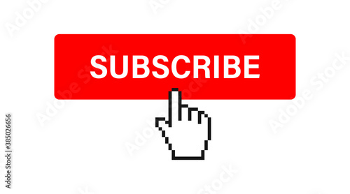 Subscribe channel red button with mouse arrow on white backdrop. Vector icon