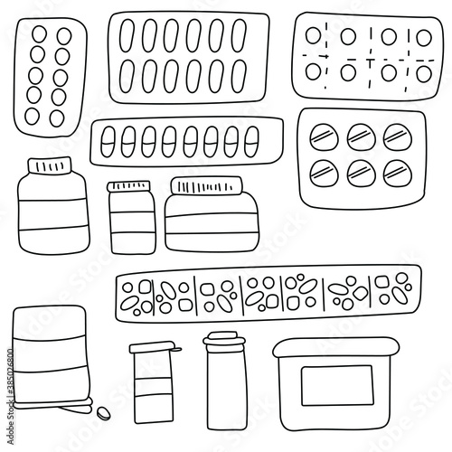 Doodle set of medicines in blisters and jars, with and without dispenser, capsules and tablets vector outline illustration for design nad creativity