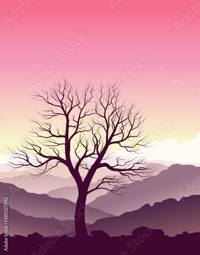 Purple mountain landscape with huge lonely old tree. Wild nature at sunset. Vector illustration.