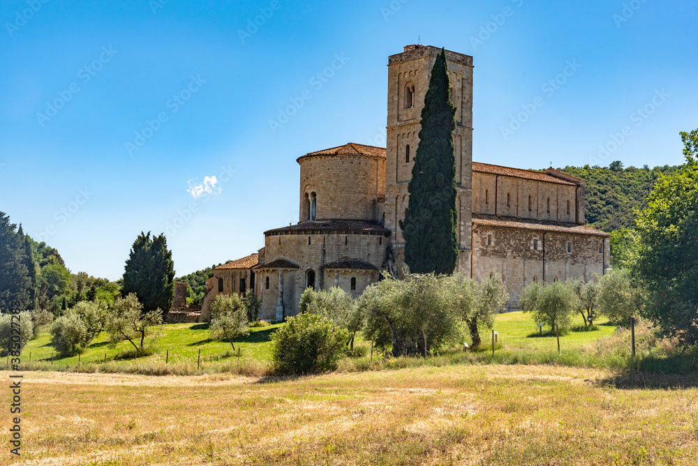 Romanesque abbey of San Antimo in Siena in summer Romanesque abbey of San Antimo in Siena in summer