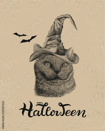 Happy Halloween Poster Print with british cat in witch hat, bat, on antique book page background, Halloween Decor