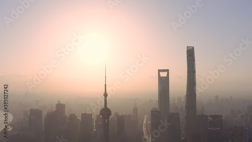 aerial view of Shanghai city skyline at sunrise