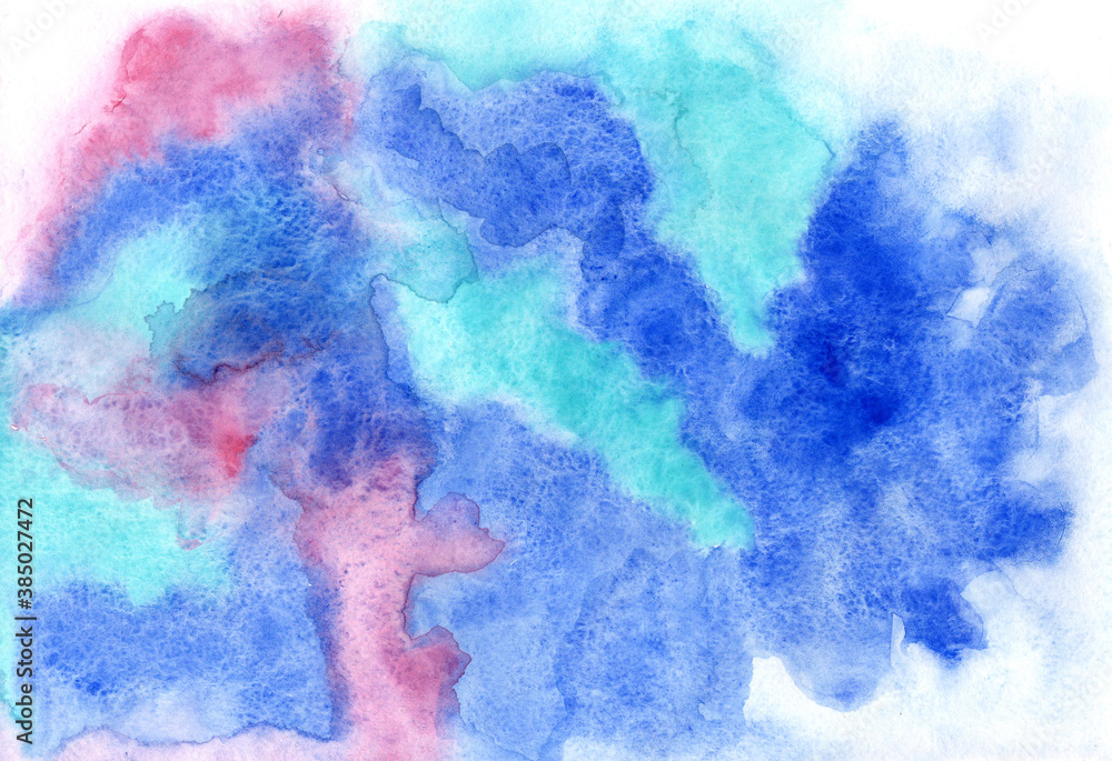 Watercolor abstract background,hand drawn.Blue,pink,turquoise spots.