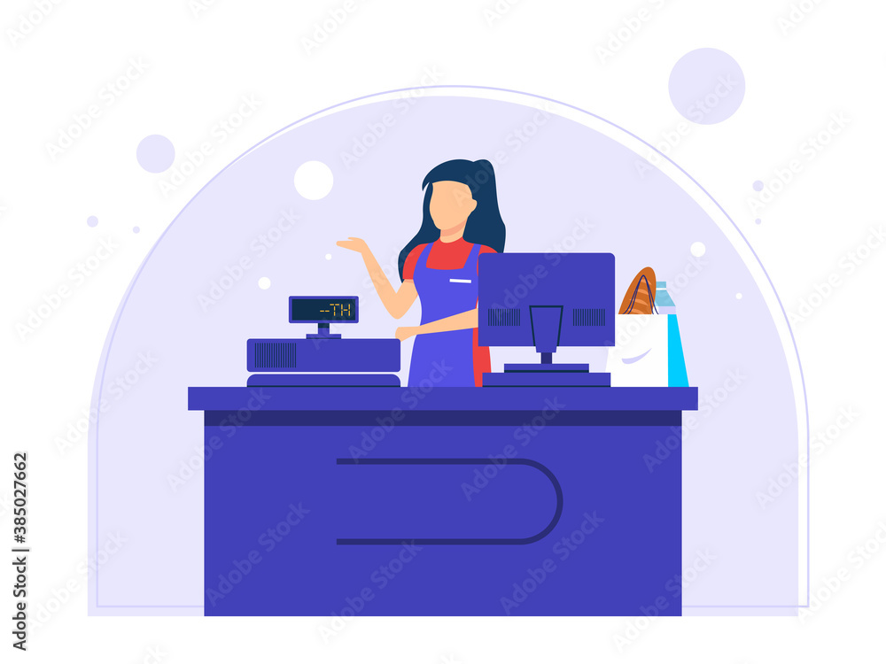 Shop clerk, payment at the cashier counter to be paid. Flat Vector Illustration Shop clerk, payment at the cashier counter to be paid. Flat Vector Illustration