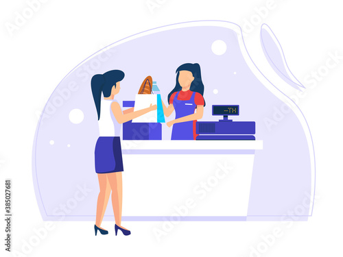 Buyers transact with store employees. payment at the cashier to be paid. Flat Vector Illustration