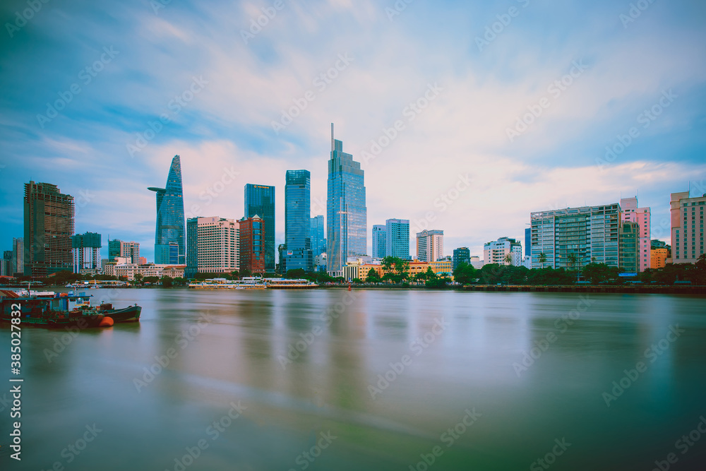 Scenery of Ho Chi Minh City, Vietnam from across the bank of Sai Gon River.