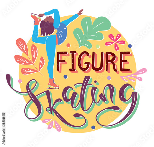 Figure skating lettering and flat cartoon girl training on the ice. Colored vector illustration with sport training background