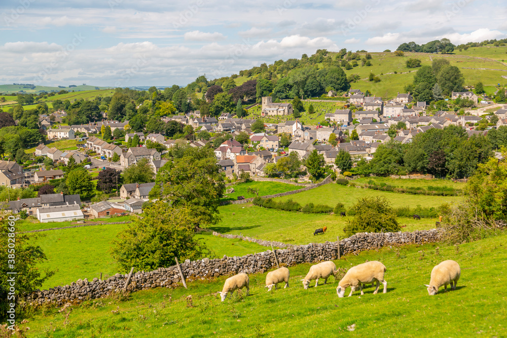 View of dry stone walls and Brassington, Derbyshire Dales, Derbyshire, England, United Kingdom