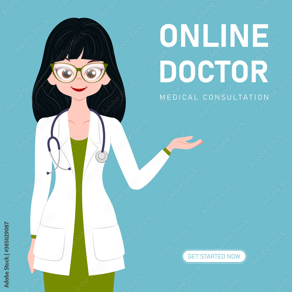 Online medical consultation concept. Young lady doctor character with stethoscope. Web banner template Online medical consultation concept. Young lady doctor character with stethoscope. Web banner template