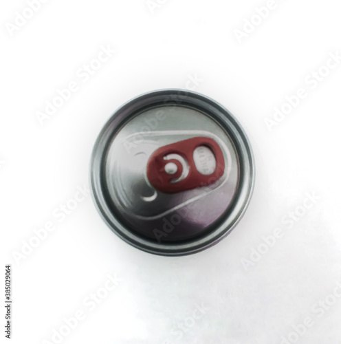 Aluminum can plan view with red pull ring on white background