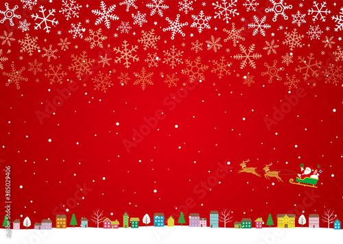 クリスマスの街並み背景、サンタクロースとトナカイのソリ、フルカラーバージョン赤 © hoshisei