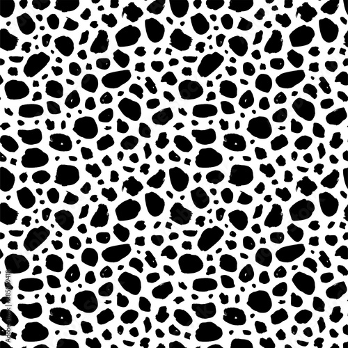 Round brush strokes vector seamless pattern. Black paint freehand scribbles, circles, blotch, dots, dry brush stroke texture. Chaotic rough smears. Black and white polka dot texture.