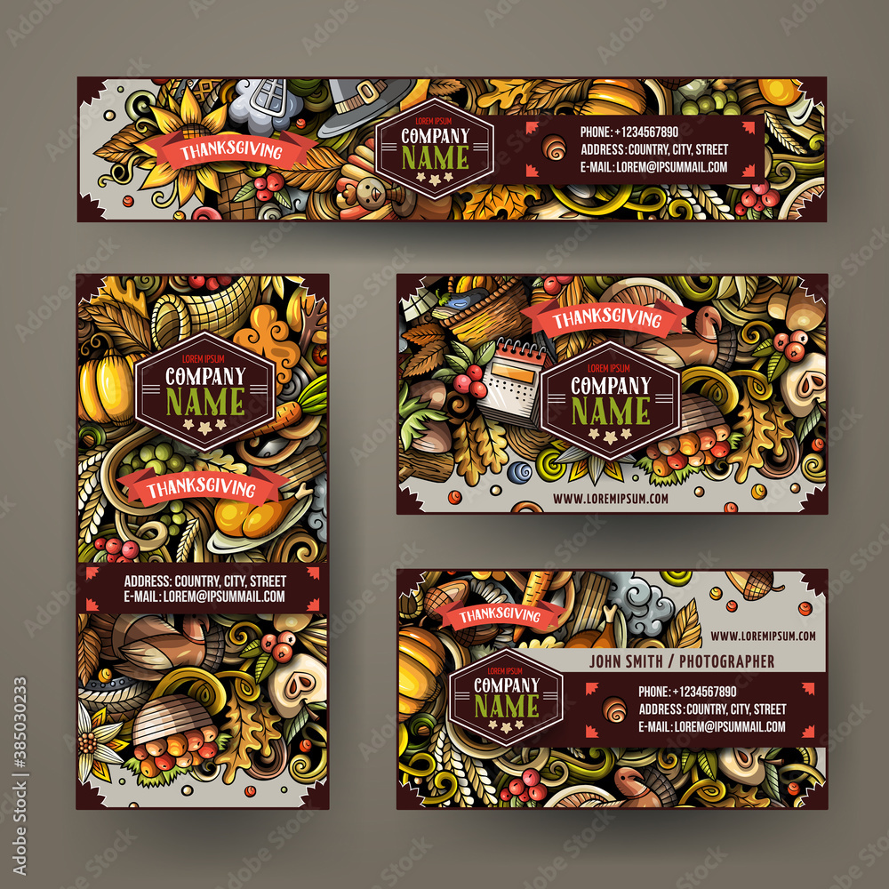 Corporate Identity vector templates set design with doodles hand drawn Happy Thanksgiving theme.