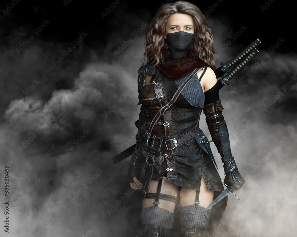 Ταπετσαρία Mysterious silent rogue assassin female piercing through the smoke toward her target