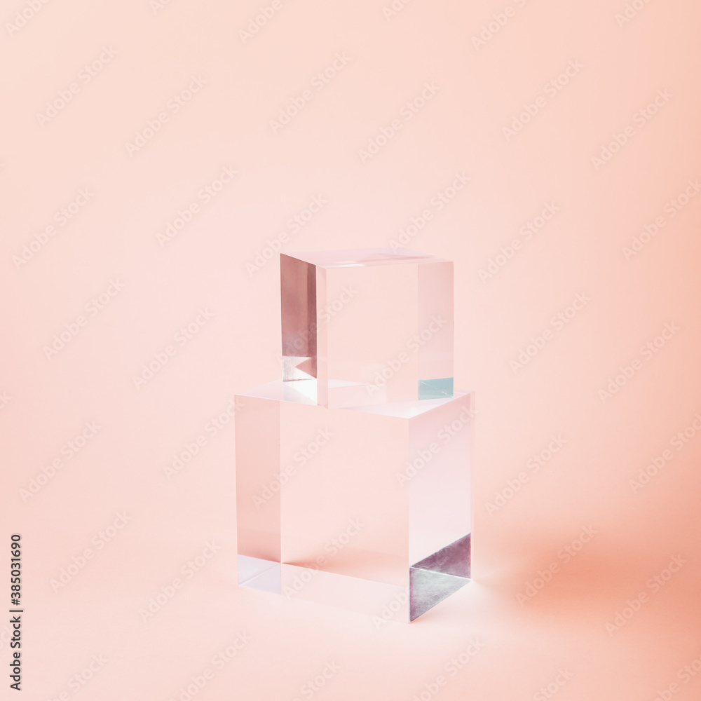 Acrylic Solid Display Block for Shop Windows on pink background, empty podium for product presentation, geometric stand for cosmetics Acrylic Solid Display Block for Shop Windows on pink background, empty podium for product presentation, geometric stand for cosmetics