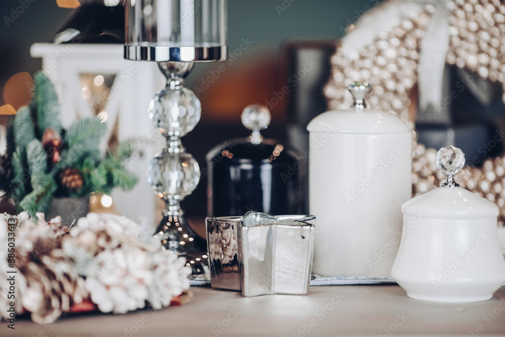 Festive table decorating by decorations and utensils. New Year eve concept Festive table decorating by decorations and utensils. New Year eve concept
