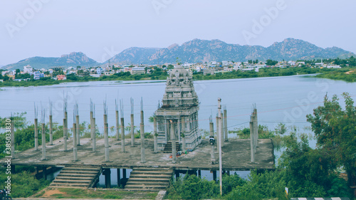 Clean temple in the foreground and city in back ground photo
