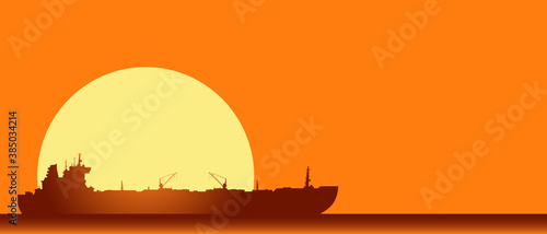 Huge crude oil tanker in the sea. Landscape with commercial supertanker over orange sky with big sun at sunset. Vector illustration