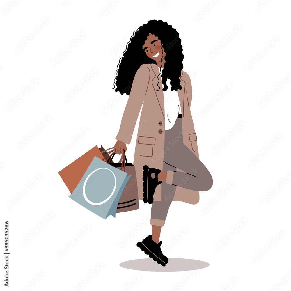 Smiling african american woman in fashionable clothes with shopping bags. Seasonal sale. Cute vector illustration drawing in flat style. Happy woman or girl shopping sale concept.